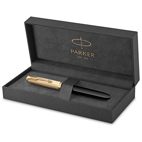 Parker 51 Stilografica, Corpo Nero con Finiture in Oro, Pennino Sottile in Oro 18 Ct con Cartuccia di Inchiostro Nero, Confezione Regalo