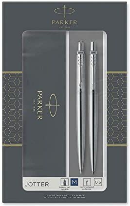 Parker Jotter Duo Set con Penna a Sfera e Matita Portamine in Acciaio Inossidabile con Finiture Cromata, Confezione Regalo