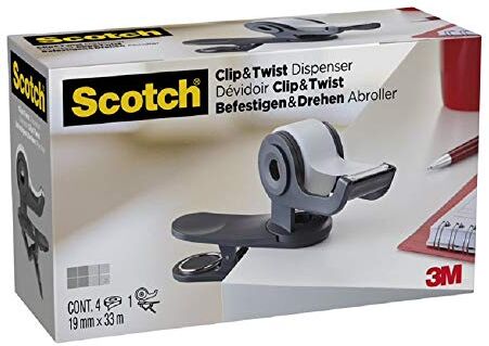 3M Scotch Dispenser Nastro Adesivo Scotch Magic Grigio, Dispenser con Clip per Scrivania e Tavolo da Ufficio e da Lavoro, Porta Scotch + 4 Rotoli di Nastro Adesivo Trasparente 19 mm x 33 m