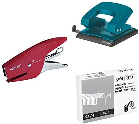 Esselte Centra P21 Cucitrice a Pinza in Metallo, 15 Fogli, Rosso + Perforatore HP 30, Fino a 30 Fogli, Blu + Punti 21/4 mm, Confezione da 2000 Pezzi