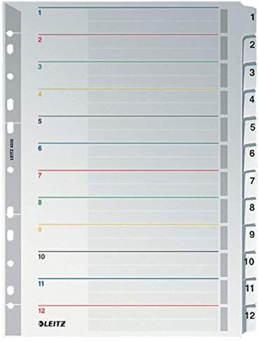 Leitz plastikregister wiederbeschreibbar 1 – 12, formato A4, 12 linguette, in polipropilene, colore: grigio