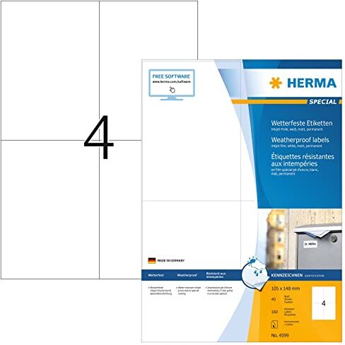 HERMA Etichette Universali, 105 x 148 mm, Etichette Adesive A4 per Stampante, 4 Etichette per Foglio, Bianco