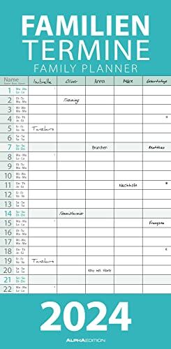 Alpha Pastell 2024 Agenda familiare, timer familiare, calendario per bambini, 22 x 45 cm