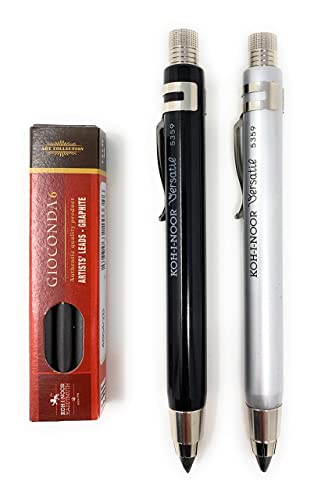 Koh-I-Noor 5359 Portamine in metallo con temperamatite e clip, set da 3, spessore mina 5,6 mm, argento e nero e grafite 2B