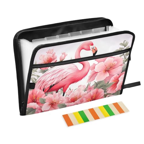 Generic Cartella portadocumenti espandibile con fenicottero con fiori rosa con etichette adesive, 13 tasche a fisarmonica, organizer per documenti con chiusura a cerniera