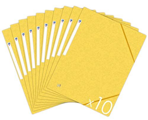 Oxford Top File+, confezione di 10 cartelline portadocumenti in cartoncino con 3 alette formato A4, chiusura con elastico, con tasche, colore: giallo