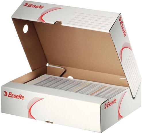 Esselte Scatola per archivio standard, larghezza dorso 80 mm, formato A4, scatola con coperchio, design geometrico, serie archivio standard, 25 pezzi, bianco/rosso