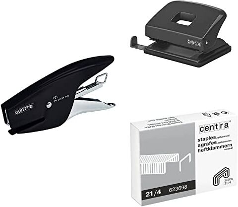 Esselte Centra P21 Cucitrice a Pinza in Metallo, 15 Fogli, Nero + Perforatore HP 20, Fino a 20 Fogli, Nero + Punti 21/4 mm, Confezione da 2000 Pezzi