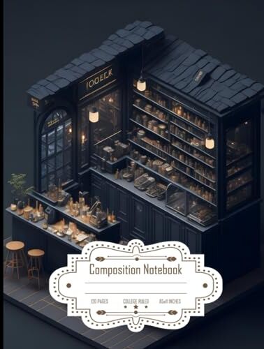 Stanley Composition Notebook College Ruled: Small Coffee Shop in an Eco Utopia, High-Angle View, Hyper-Realistic Illustrations, Size 8.5x11 Inch, 120 Pages