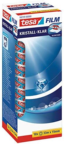 Tesa film Crystal Clear Nastro Adesivo Trasparente, Resistente all'invecchiamento e allo strappo, Extra forte e quasi invisibile, Confezione da 10 Rotoli, 33 m x 15 mm