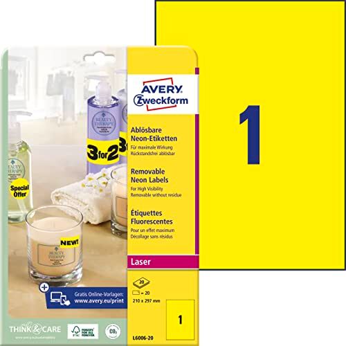 Avery Italia  Etichette Fluorescenti, 1 Pezzo per Foglio, 20 Fogli, 210 x 297, Giallo