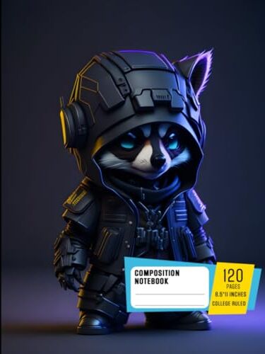 Stanley Composition Notebook College Ruled: Isometric View of Cute Hyperrealistic Futuristic Soldier Raccoon, Cyberpunk Jacket, Cinematic, Highly Detailed, Zoomed Out, Size 8.5x11 Inches, 120 Pages