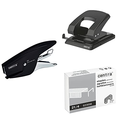 Esselte Centra P21 Cucitrice a Pinza in Metallo, 15 Fogli, Nero + Perforatore HP 40, Fino a 40 Fogli, Nero + Punti 21/4 mm, Confezione da 2000 Pezzi