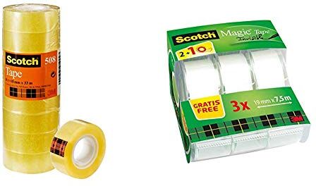 3M Scotch Nastro Adesivo , Trasparente Acrilico, 15 mm x 33 m, Confezione Torretta da 10 Pezzi +  Scotch Magic Tape Nastro Adesivo Trasparente Invisibile con Dispenser, 3 Pezzi, 19 mm x 7.5 m