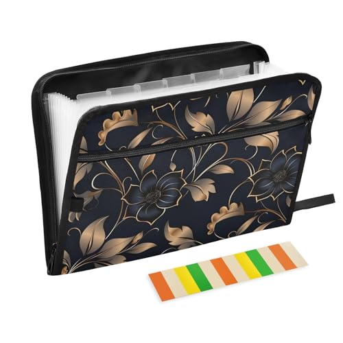 Generic Cartella portadocumenti espandibile, motivo etnico, con fiori neri, 13 tasche, organizer a fisarmonica con etichette adesive con cerniera, portatile, formato A4, organizer per documenti per casa,