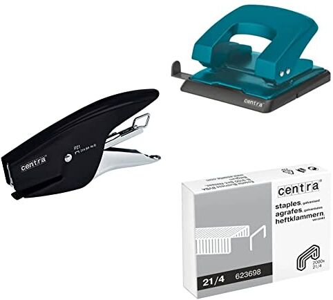 Esselte Centra P21 Cucitrice a Pinza in Metallo, 15 Fogli, Nero + Perforatore HP 30, Fino a 30 Fogli, Blu + Punti 21/4 mm, Confezione da 2000 Pezzi