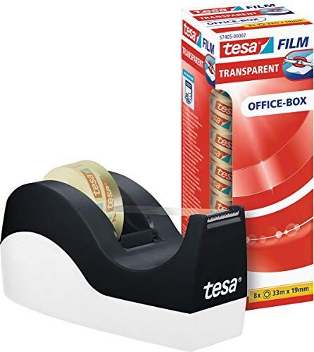 Tesa film Easy Cut Orca Dispenser per Nastro Adesivo, Dispenser antiscivolo da scrivania, Incluso di 8 rotoli adesivi film Transparent 33 m x 19 mm, Colore: Bianco e Nero