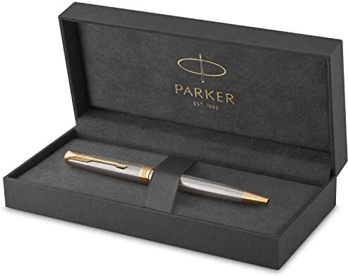 Parker Sonnet Penna a Sfera, Acciaio Inossidabile con Finiture in Oro, Pennino Medio, Confezione Regalo