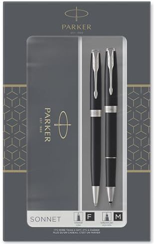 Parker Sonnet Duo Set Regalo con Penna a Sfera e Penna Roller, Nero (Lucido) con Finiture Cromate, Cartuccia e Ricarica di Inchiostro Nero, Confezione Regalo