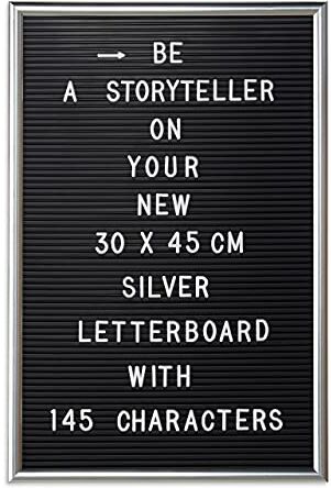 Relaxdays Letter Board con Cornice, Lettere Numeri Caratteri Speciali, Bacheca con Scanalature XL, 30x45 cm, Argento