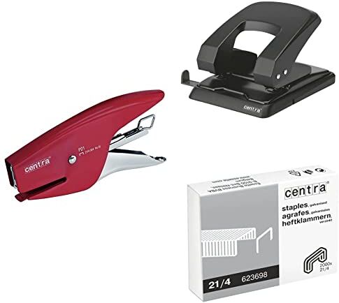 Esselte Centra P21 Cucitrice a Pinza in Metallo, 15 Fogli, Rosso + Perforatore HP 40, Fino a 40 Fogli, Nero + Punti 21/4 mm, Confezione da 2000 Pezzi