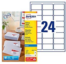 Avery Etichette autoadesive (24 per foglio) – 63,5 x 33,9 mm – Stampa a Getto d'Inchiostro, Bianco, j8159 Imballaggio: 100 fogli 63,5 x 33,9 mm bianco