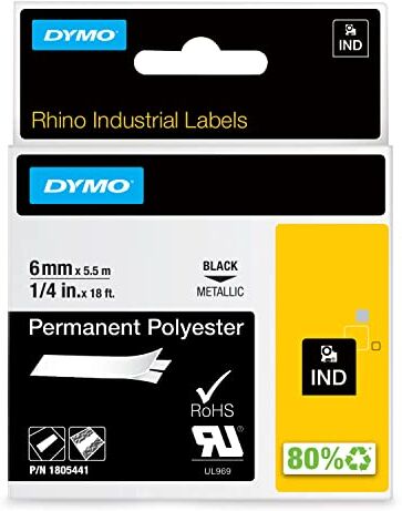 Dymo Nastri Industriali D1 6 mm x 5.5 m, Poliestere, Nero su Metallo