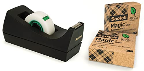 Scotch Dispenser Nero- 100% Plastica Riciclata- Include 3 rotoli Nastro Adesivo Invisibile  Magic Green, 19 mm x 33-Multiuso per Casa, Ufficio e Scuola-