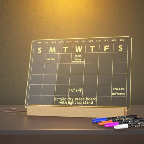 Wahohousee Calendario mensile e settimanale illuminato con base luminosa a LED, 30 x 20 cm, lavagna acrilica perfetta per uso personale o creativo, include 4 vivaci pennarelli cancellabili a secco