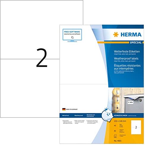 HERMA Etichette Universali, 210 x 148 mm, Etichette Adesive A4 per Stampante, 2 Etichette per Foglio, Bianco