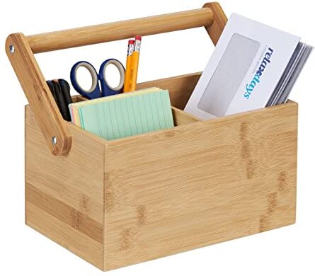 Relaxdays Desk Organizer con Manico in bambù, 4 Scomparti, Contenitore Portaoggetti Multiuso, HLP 24x26x15 cm, Naturale, Legno