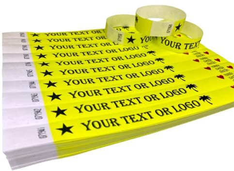 Studio 1000 Braccialetti Giallo neon Polsini stampati personalizzati di Tyvek con il vostro testo o logo personalizzato per eventi, feste, festival, ID