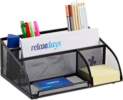 Relaxdays Organizer Scrivania 5 Scomparti, Portaoggetti in Metallo Forato, Portapenne, Portalettere, Nero