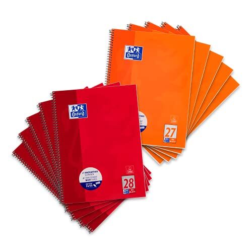 Oxford Quaderno a quadretti, formato A4, con bordo doppio, 80 fogli Rigatura 28 e 27 10 pezzi rosso, arancione