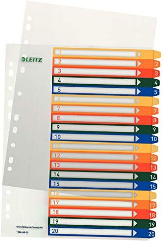 Leitz Rubrica con Tasti 1-20, Stampabile Al Pc, Formato A4, Polipropilene Robusto, Formato Extra Largo, Bianco/Multicolore,