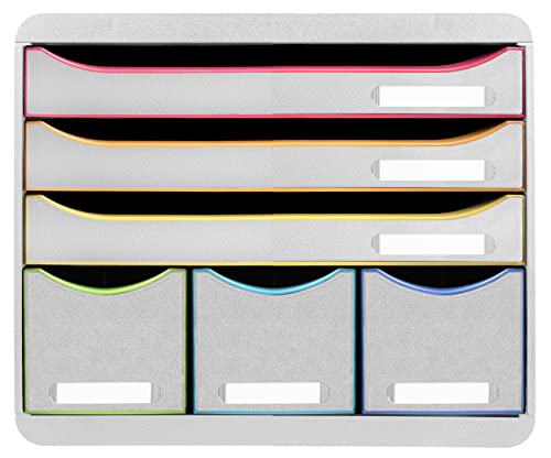 Exacompta Ref.  STORE-BOX Cassettiera a 6 cassetti 3 cassetti per documenti A4+ e 3 cassetti alti sottili Dimensioni esterne: Profondità 27 x larghezza 35,5 x altezza 27,1 cm -