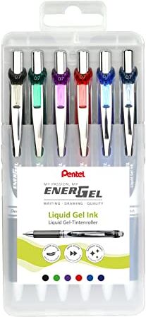 Pentel EnerGel  Penna roller con meccanismo a stampa, diametro sfera 0,7 mm = 0,35 mm di spessore, ricaricabile, scatola di plastica, 6 pezzi, colori assortiti, 12 colori