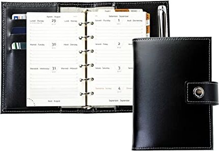 DELMON VARONE - FINE LEATHERGOODS MADE IN GERMANY DELMON VARONE – Mini Pocket A6 Calendario 2024 Cambridge Top Grain pelle nera – Agenda ad anelli e registro telefonico A-Z – Organizzatore con visualizzazione settimanale (1 settimana su 2 pagine)