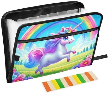 Generic Cartella portadocumenti espandibile a forma di simpatico unicorno colorato arcobaleno con fiori vivaci, 13 tasche, organizer per documenti a fisarmonica con etichette adesive con cerniera, portatile,