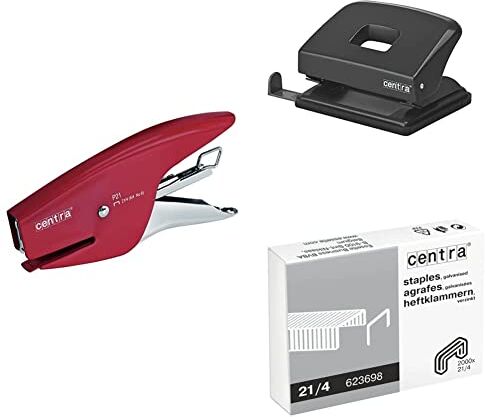 Esselte Centra P21 Cucitrice a Pinza in Metallo, 15 Fogli, Rosso + Perforatore HP 20, Fino a 20 Fogli, Nero + Punti 21/4 mm, Confezione da 2000 Pezzi