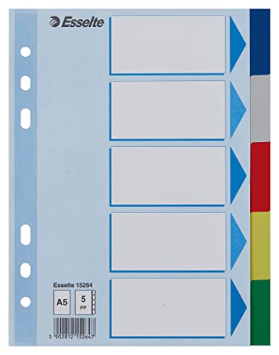 Esselte Divisori per Raccoglitori con 5 Tasti, Formato A5, Multicolore, Tasti in Polipropilene Robusto con Pagina Indice,