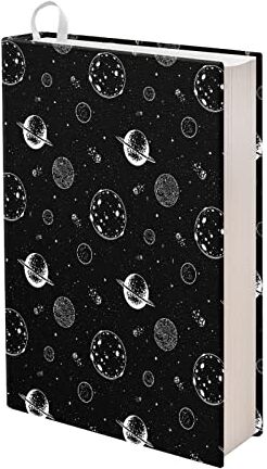 Kuiaobaty Custodia protettiva per libri con motivo pianeti e luna, colore nero, per romanzo, Bibbia, dimensioni standard 27,9 x 22,9 cm, tessuto elastico