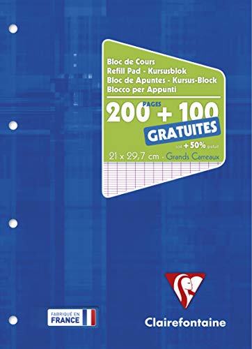 Clairefontaine Blocco per lezioni incollati, grande lato, 300 pagine (200 + 100 gratuiti), 90 g, perforato a 4 fori e quadretti grandi, copertina in carta rivestita con film blu klein