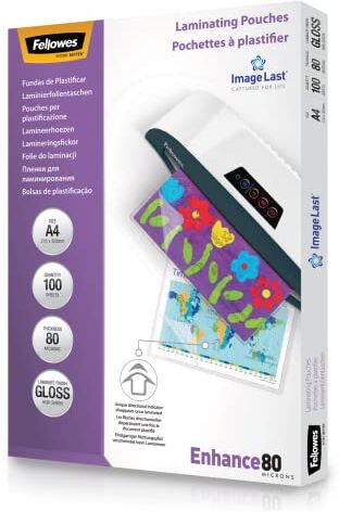 Fellowes Pouches per plastificazione per documenti, formato A4, finitura lucida, confezione da 100 pezzi, 160 micron (2 x 80 micron) Finitura di alta qualità, ideali per foto e avvisi