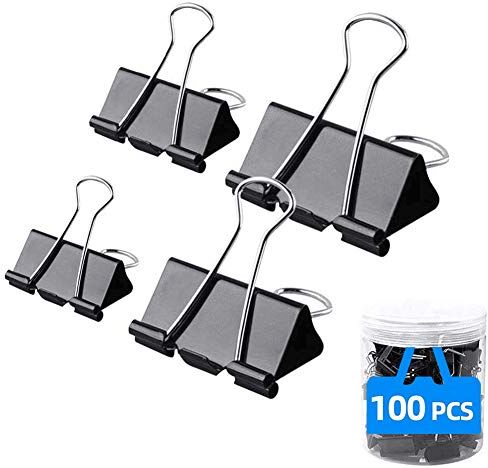 NOCHME Bulldog clip dimensioni assortite, 15 mm 19 mm 25 mm 32 mm, 100 pezzi clip per raccoglitori, set morsetti per carta cancelleria, mini clip per fissare i file, chiusura sacchetto di plastica, nero