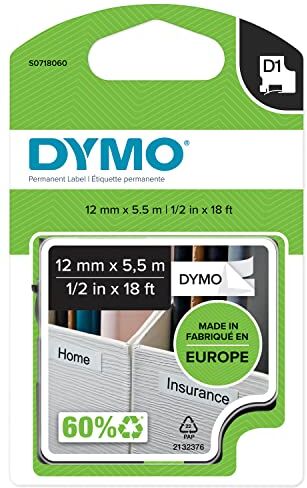 Dymo Nastri D1 in Poliestere Extra Strong, 12 mm x 5.5 m, Nero/Bianco