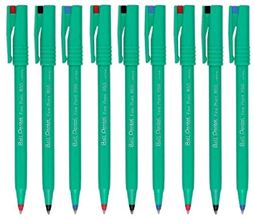 Pentel colori assortiti, R50 penna a sfera penna a sfera Penne imbottito punta fine da 0,8 mm, tratto 0,4 mm larghezza 77% Riciclato (3 per ogni colore: nero blu rosso – 9 Penne)