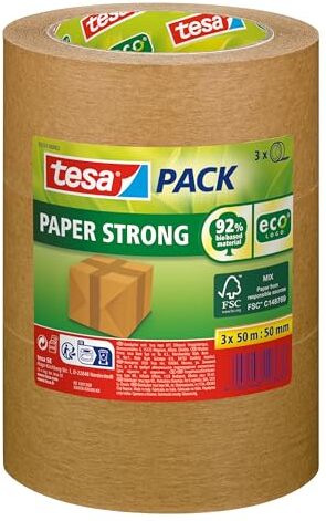 Tesa pack Carta ecoLogo, Nastro da imballaggio in Carta Ecologica, 60 Prozent di materiale organico, Marrone, 3x 50 m x 50 mm