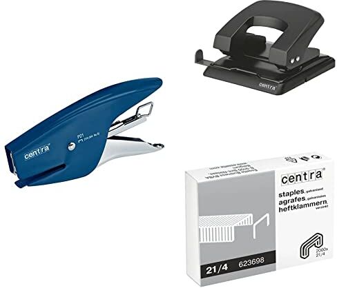 Esselte Centra P21 Cucitrice a Pinza in Metallo, 15 Fogli, Blu + Perforatore HP 30, Fino a 30 Fogli, Nero + Punti 21/4 mm, Confezione da 2000 Pezzi