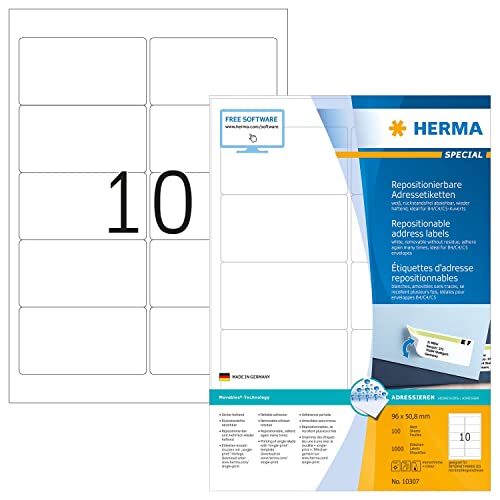 HERMA Etichette Staccabili, 96 x 50,8 mm, Etichette Adesive A4 per Stampante, 10 Etichette per Foglio, Bianco